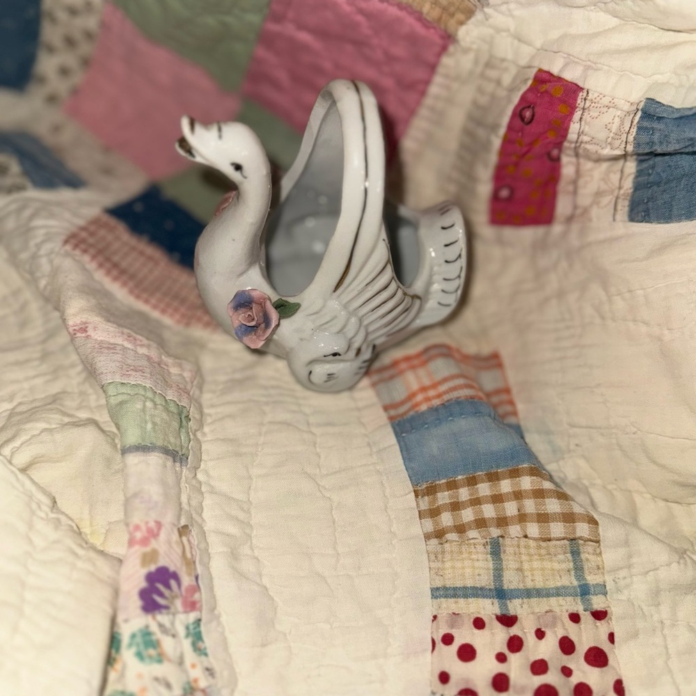 Vintage Porcelain Swan Basket Trinket Dish